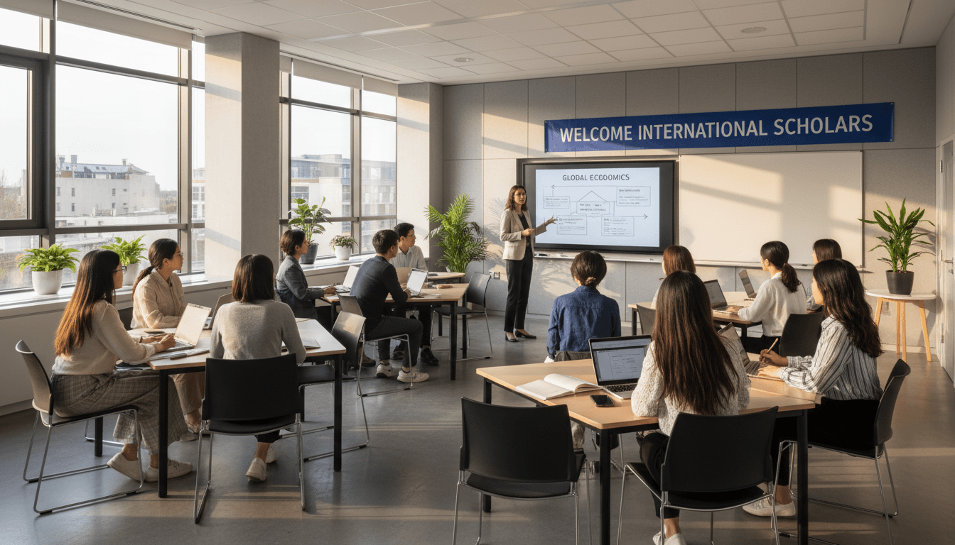 Modern university classroom with teacher instructing engaged students in warm, bright setting