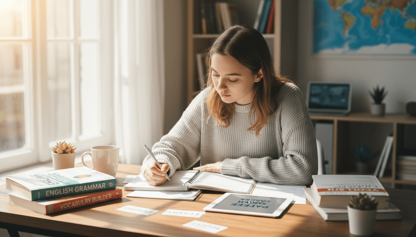 Student engaged in English language learning with study materials