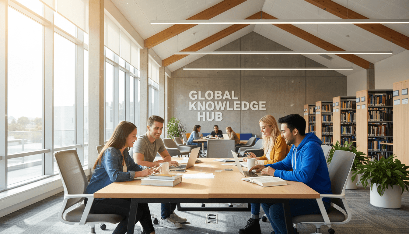 International students in university library studying together