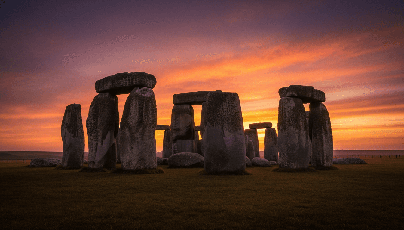 Stonehenge silhouetted against a sunset sky, emphasizing cultural heritage.