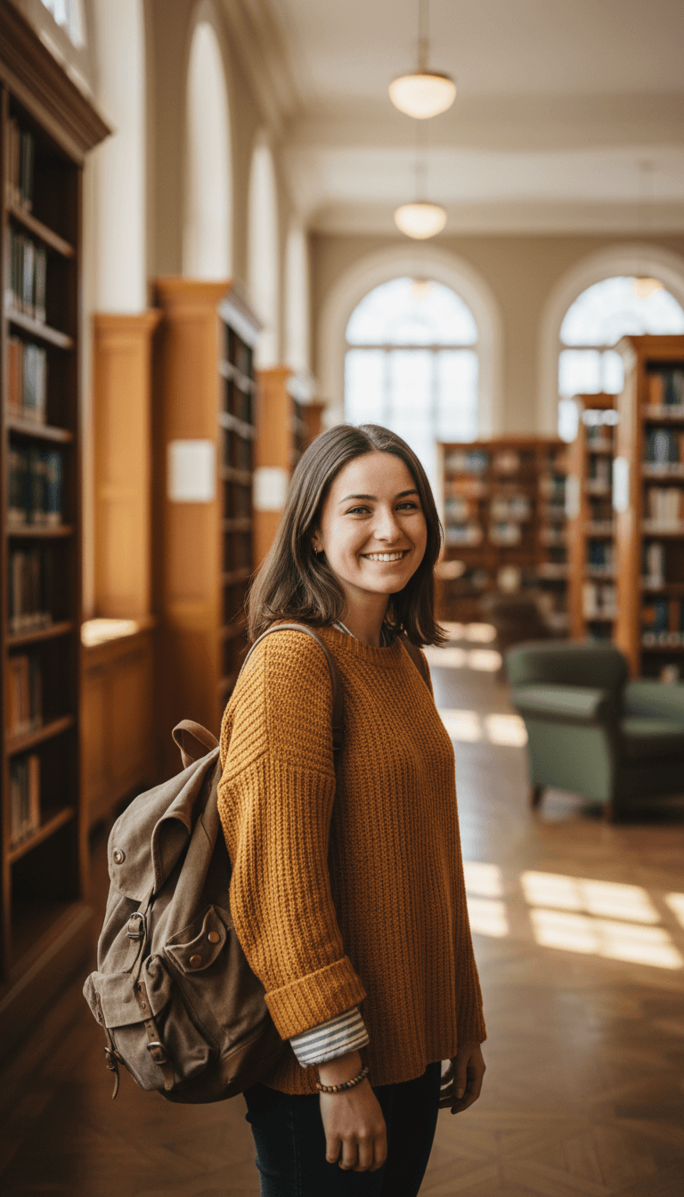 Young student smiling confidently in university library with bookshelves blurred in background