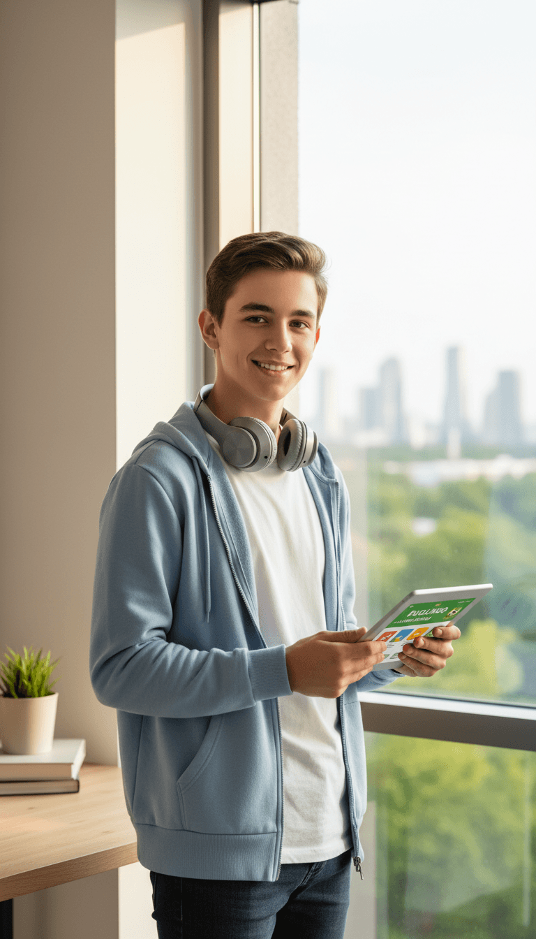 Confident teenage student standing with headphones and tablet showing language learning content, natural window lighting