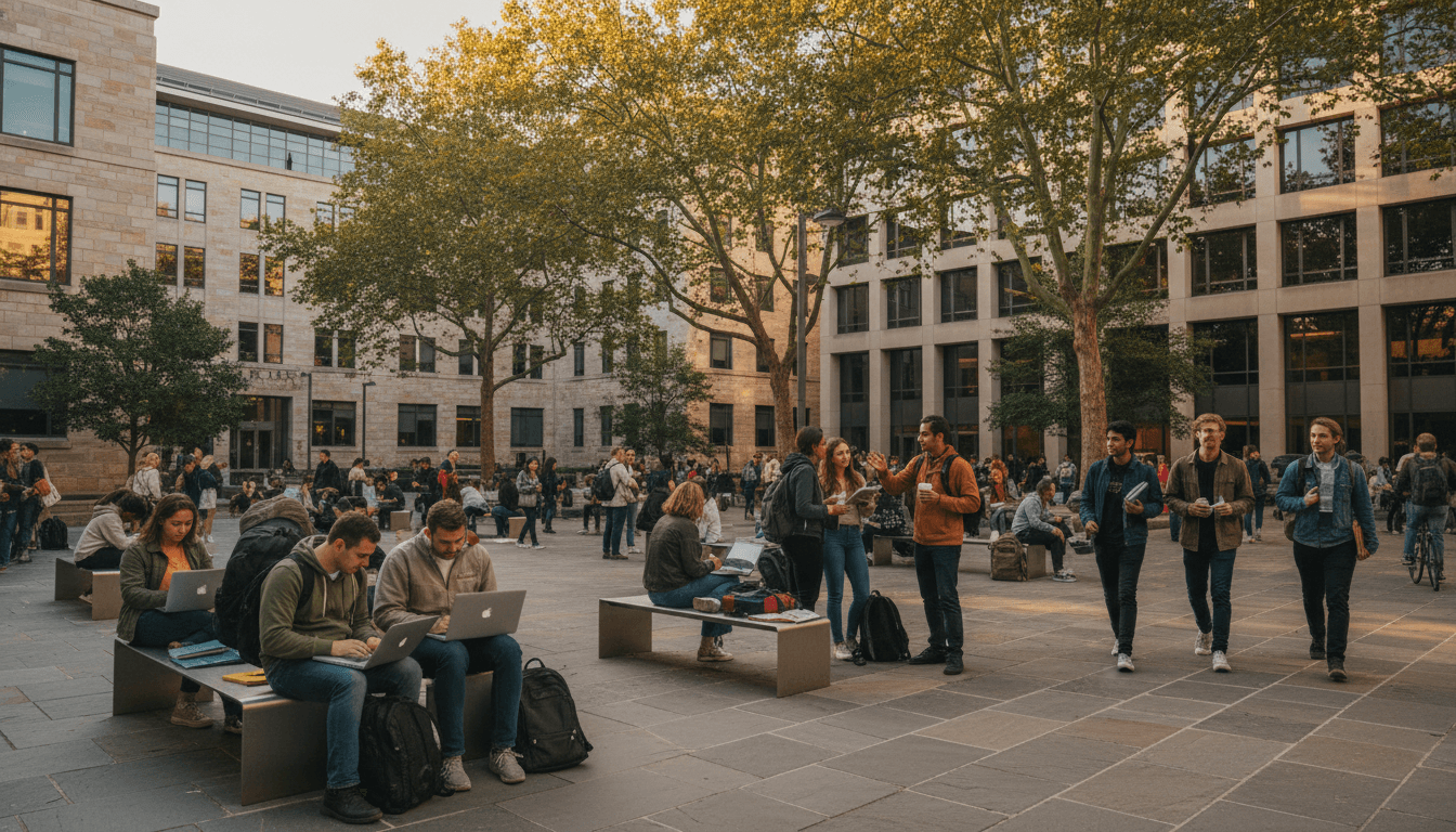 Busy campus courtyard with diverse students studying, socializing, and walking in afternoon sunlight under trees