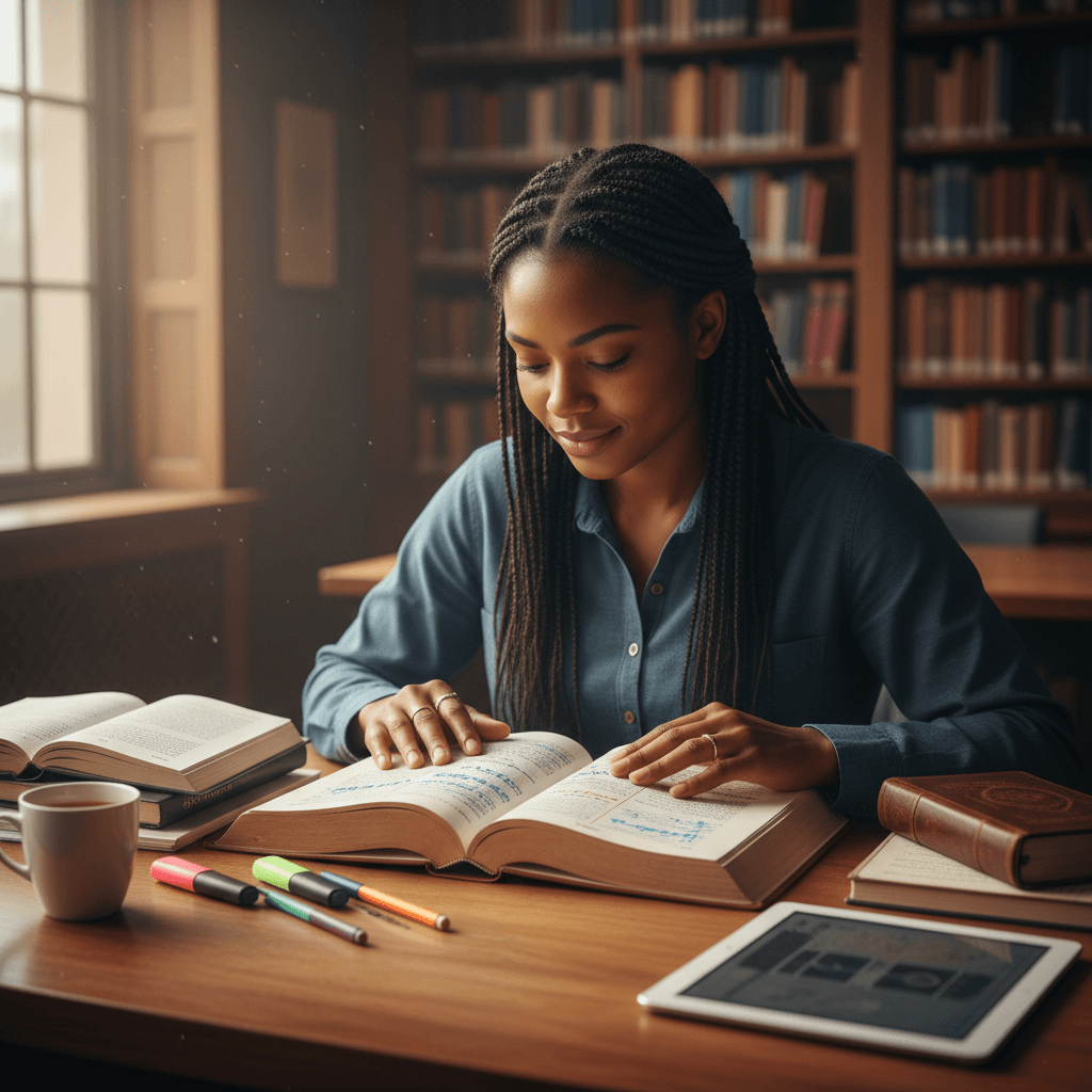 Secondary student focused intently on Islamic studies textbook in sunlit library surrounded by educational materials and religious texts