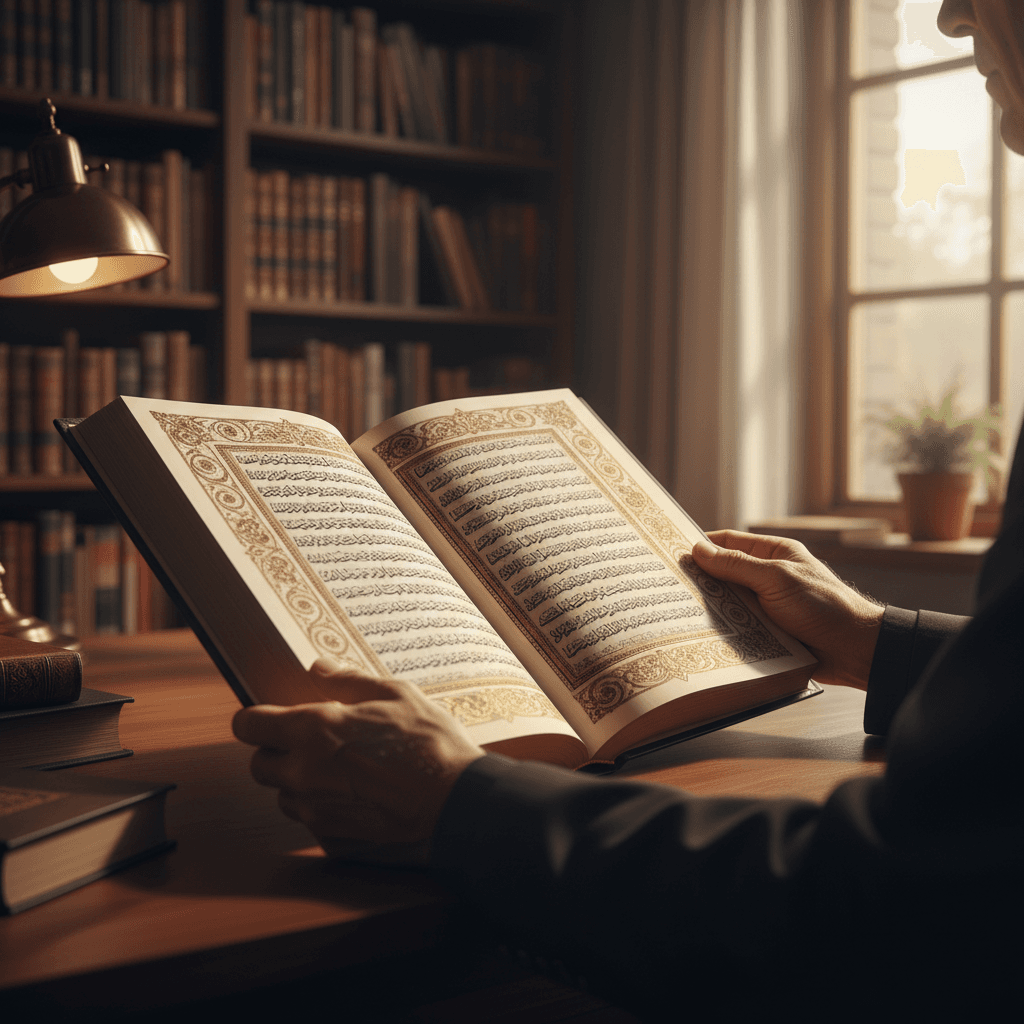 Scholar's hands holding open religious text with calligraphy, sunlit study room with bookshelf in soft focus background