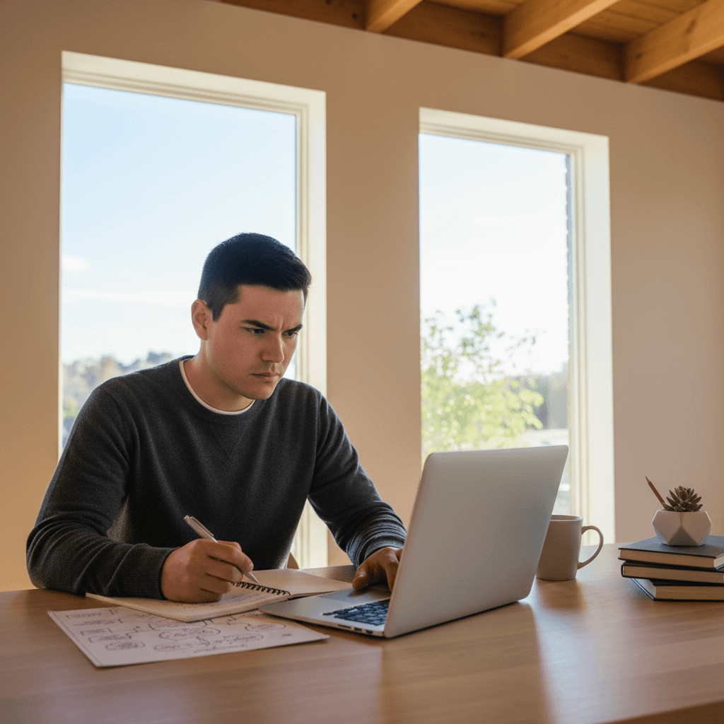 Focused student sitting at well-lit desk with laptop and notebook, determined expression during study session