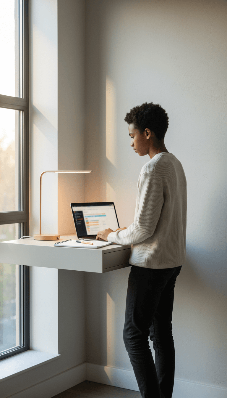 Secondary student standing at desk with laptop, focused on online learning in bright minimalist workspace
