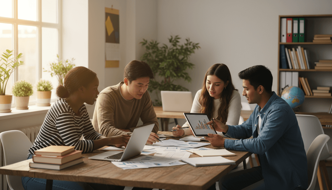 International students collaborating in a UK university classroom