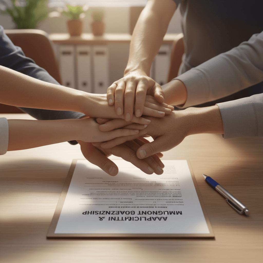 Multi-generational diverse family's hands resting together on immigration application paperwork on wooden table with natural light