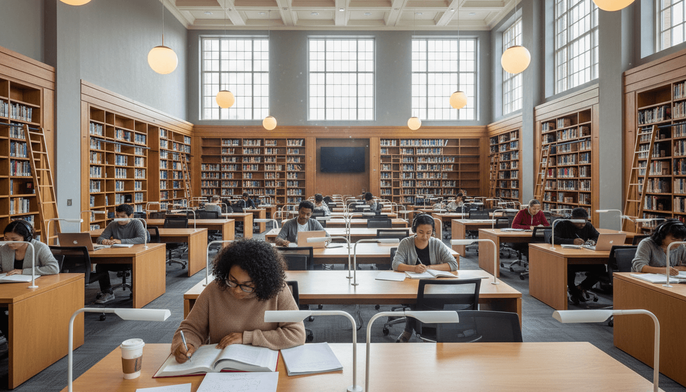 Diverse students studying at desks in bright modern university library with bookshelves and natural light