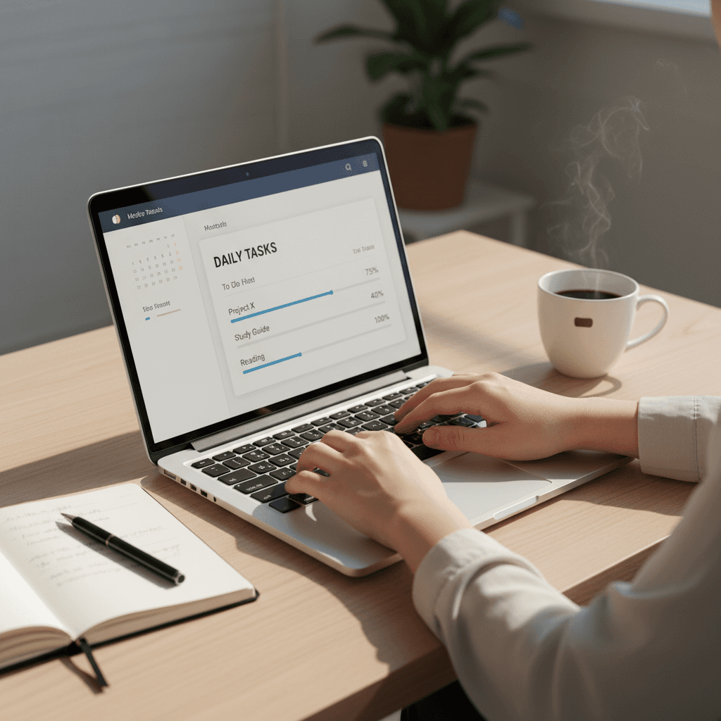 Student hands typing on laptop with productivity dashboard visible, coffee and notebook on wooden desk
