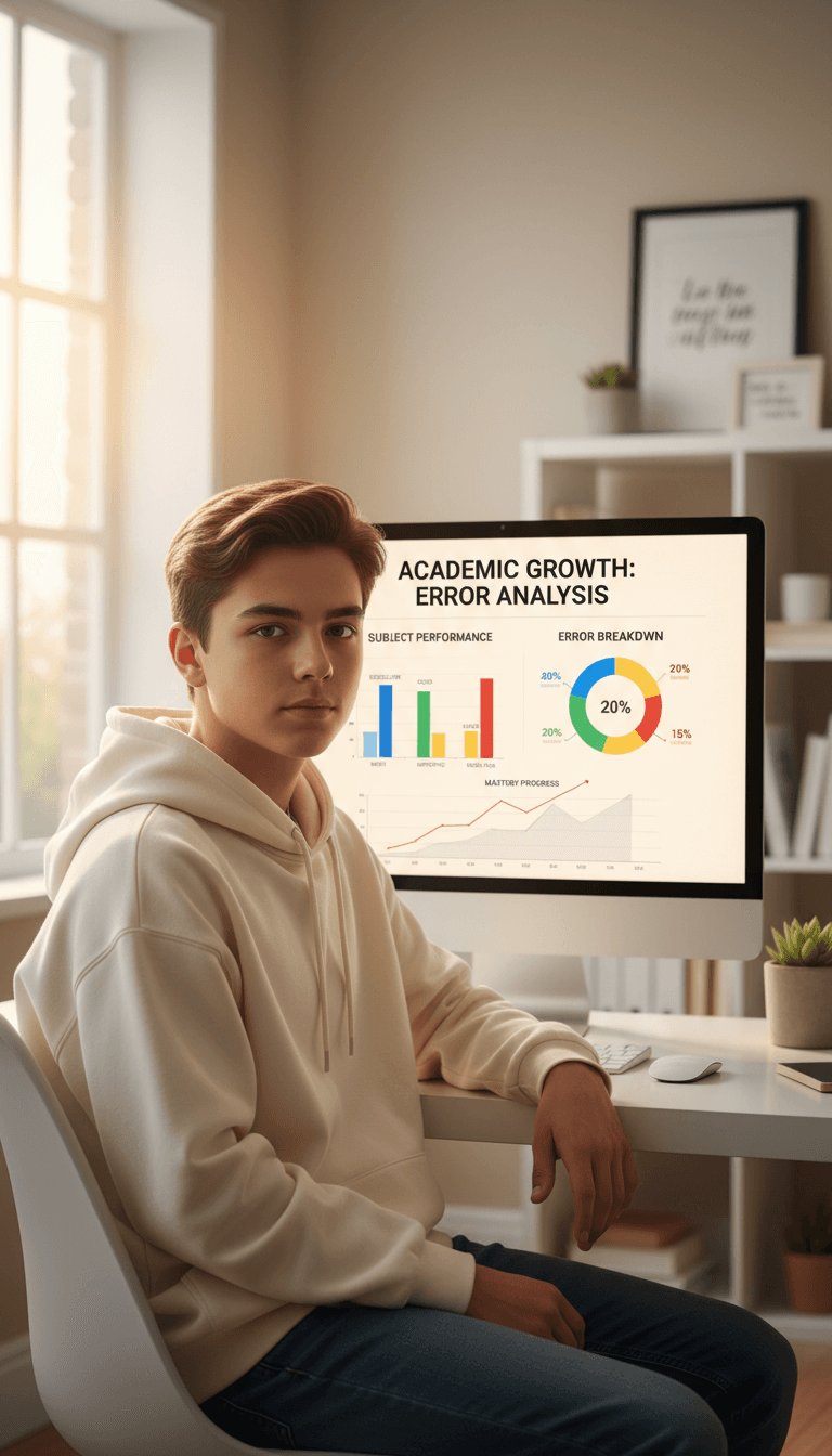 Confident high school student seated at desk in front of monitor displaying performance analytics and test preparation data