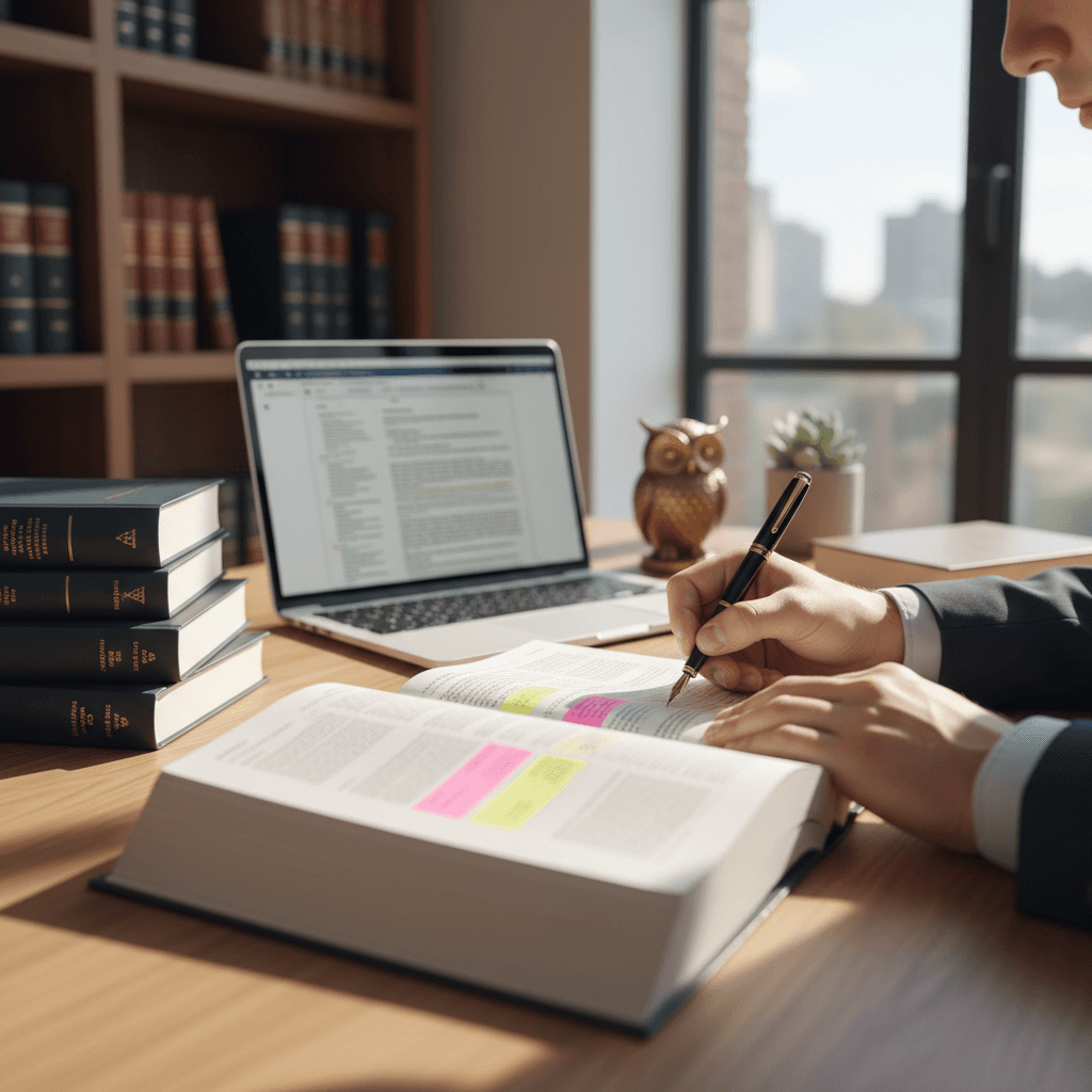 Law student writing case notes at desk in bright library with legal textbooks and laptop