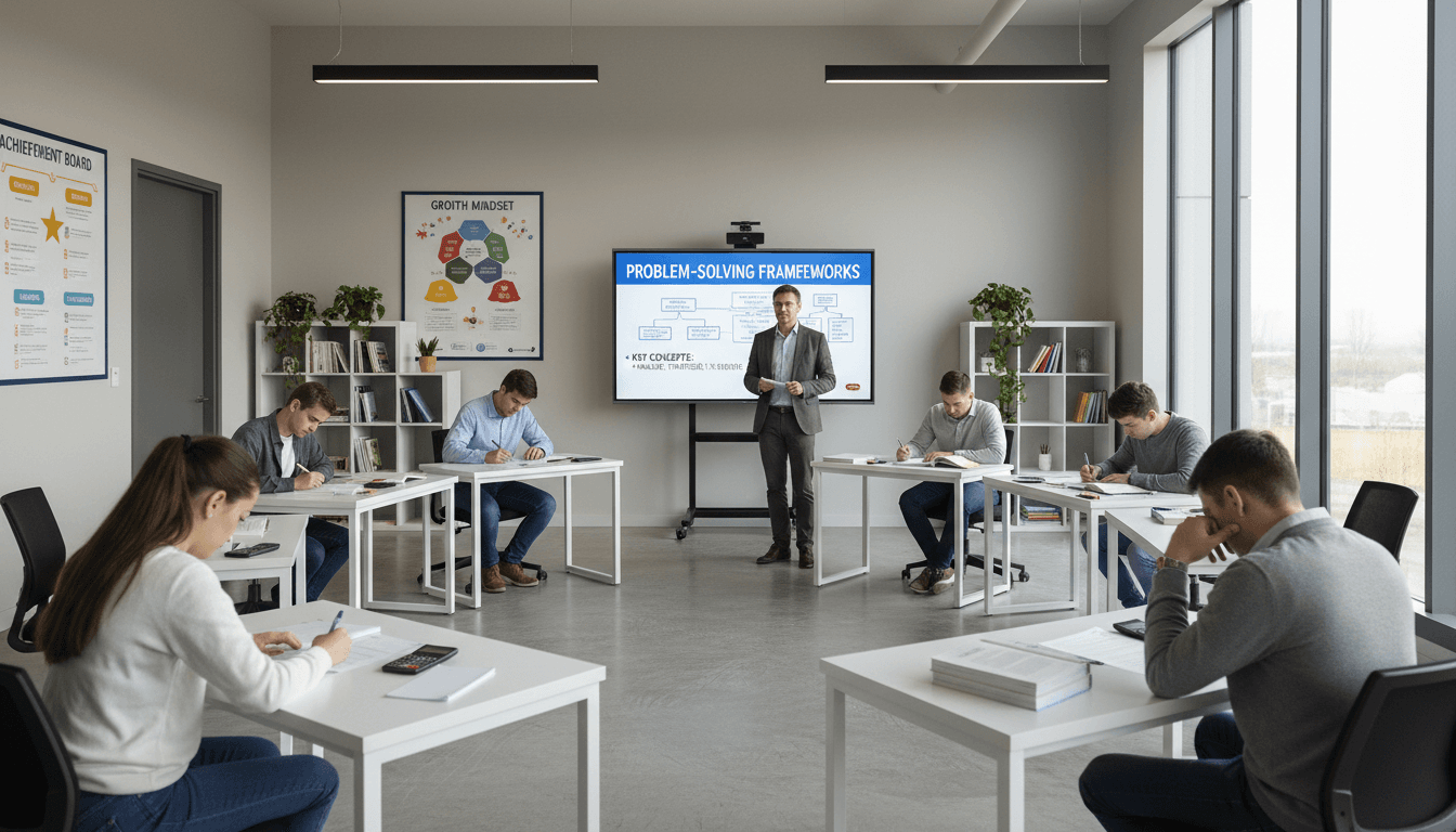 Small batch coaching class with six focused students at individual desks and instructor demonstrating concepts at whiteboard in modern, well-lit classroom
