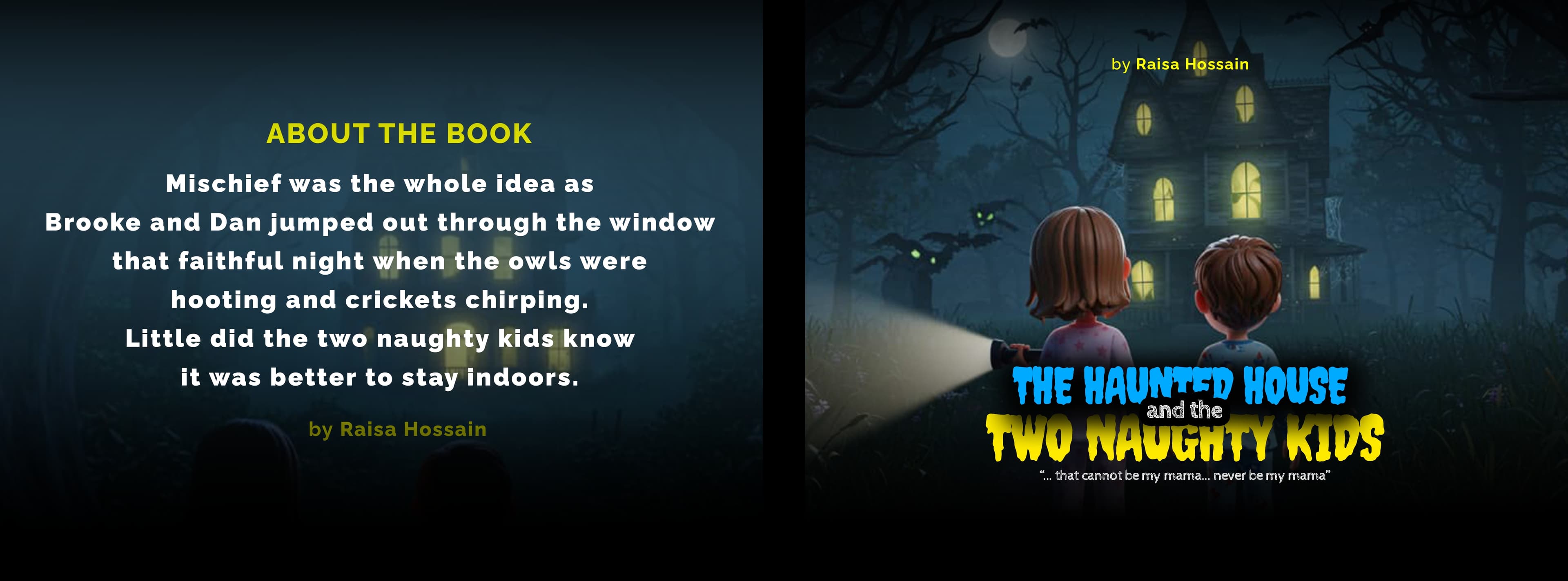 Two children with a flashlight approach a spooky, glowing haunted house in a dark forest.
