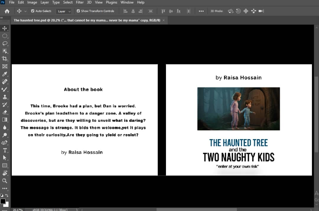 Photoshop layout for The Haunted Tree and the Two Naughty Kids cover and summary.